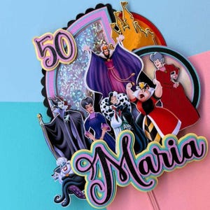 May include: A colorful cake topper featuring Disney villains. The design includes the number 50, a castle silhouette, and the name "Maria" in a decorative font. The characters include the Evil Queen, Maleficent, and Cruella de Vil.