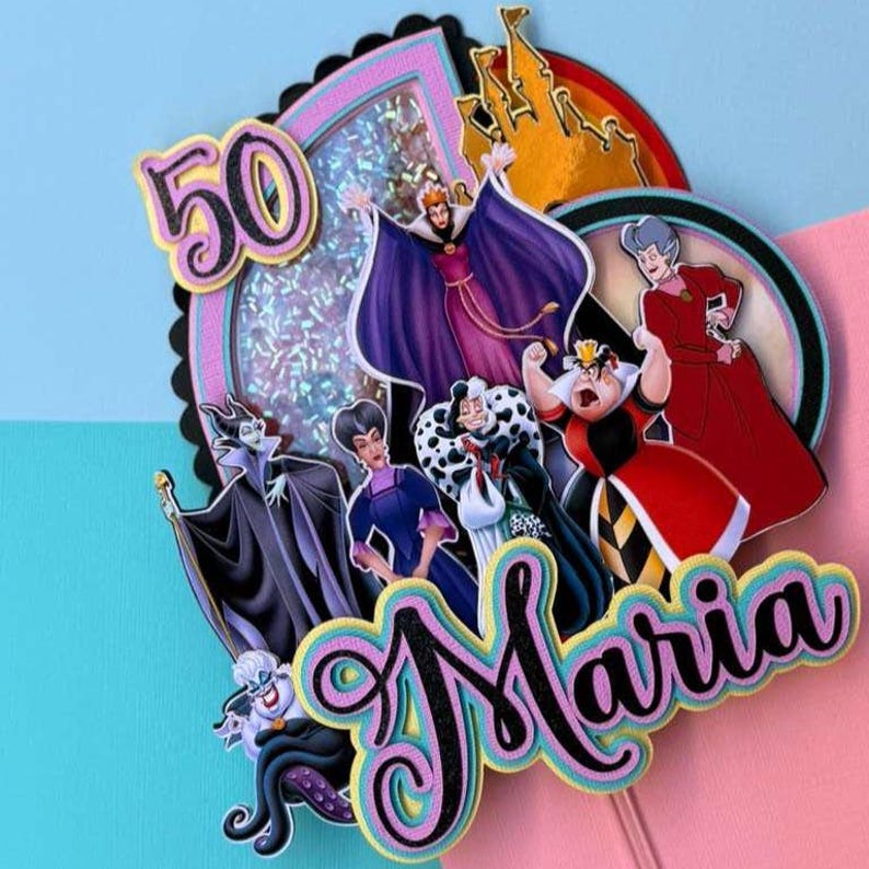 May include: A colorful cake topper featuring Disney villains. The design includes the number 50, a castle silhouette, and the name "Maria" in a decorative font. The characters include the Evil Queen, Maleficent, and Cruella de Vil.
