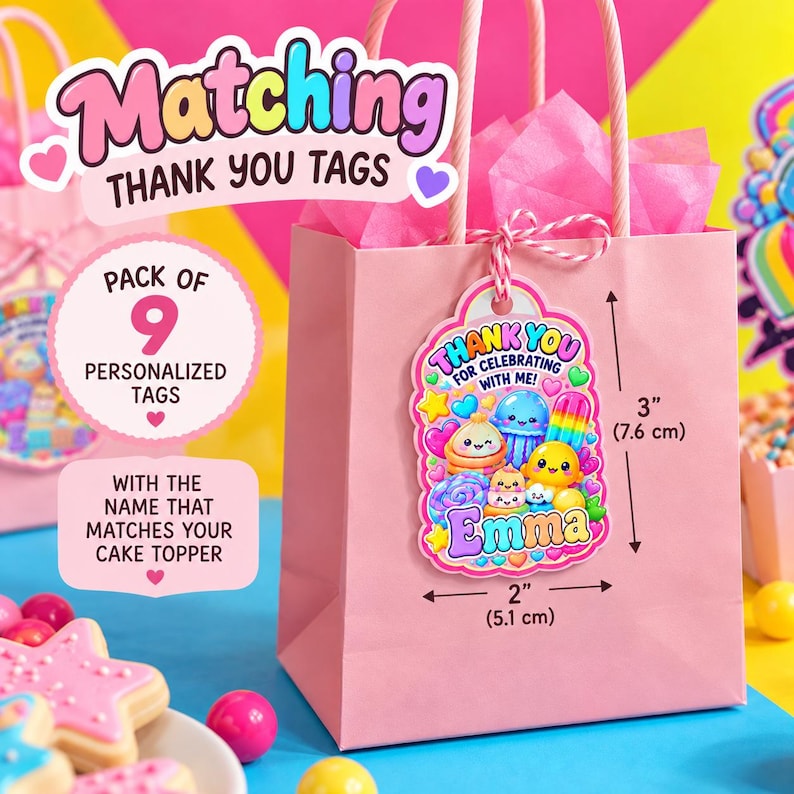 Puede incluir: Una bolsa de regalo de papel rosa con una etiqueta de agradecimiento personalizada sujeta por un cordel rojo y blanco. La etiqueta muestra dulces de dibujos animados coloridos y el texto "THANK YOU FOR CELEBRATING WITH ME! Emma". Mide 7,6 cm por 5,1 cm.