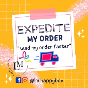 Pode incluir: Um papel quadrado branco com as palavras "EXPEDITE MY ORDER" e "send my order faster". Um gráfico de caminhão azul e rosa está à direita. O fundo é amarelo com um padrão de grade.