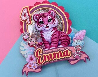 Pink tiger cake topper, Safari birthday, wild animals cake topper, animals cake