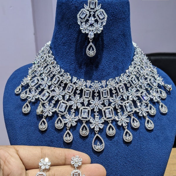 Hot Selling Heavy Bridal American diamond Choker set/Ad bridal choker set with bangles/heavy ad necklace set with Tikka / Free Shipping