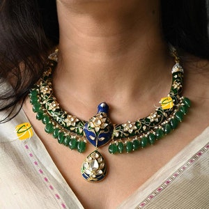 Multicolour Silver Tone Jadau Kundan Hasli Set main image 0
