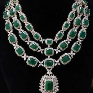 Multilayered Emerald Green Faux Diamond High Quality Necklace set, Indian Bridal jewellery, American diamond,CZ Zircon, all Colors Available