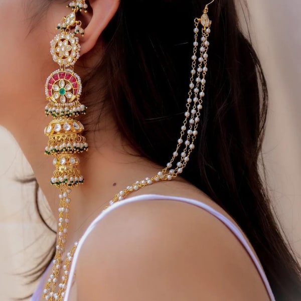 Very Fine Stylish Long Jadau Pachi Kundan Earrings with Pearl Long Kanchain / Statement Earrings / Chaandbali Long Kundan Earrings