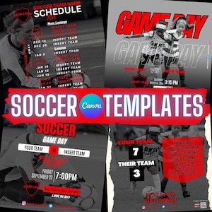 Puede incluir: Una plantilla de póster de día de partido de fútbol rojo y blanco con un jugador de fútbol en el fondo. El póster incluye el texto "Game Day" y "Your Team vs. Their Team".