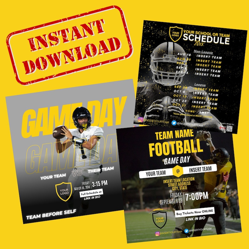 May include: A black and yellow graphic design for a football game day. The design features a football player in a black and yellow uniform throwing a football. The text "Game Day" is in large, bold, yellow letters. The text "Your Team vs Their Team" is in smaller, white letters. The text "Team Before Self" is in smaller, white letters. The text "Friday, March 20th, 3:15 PM" is in smaller, white letters. The text "Full Schedule at Link in Bio" is in smaller, white letters.
