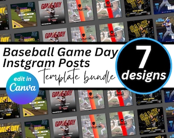 May include: A set of 7 baseball game day Instagram post templates featuring different designs with text such as "Game Day", "Let's Play Two", and "Baseball". The templates are editable in Canva.