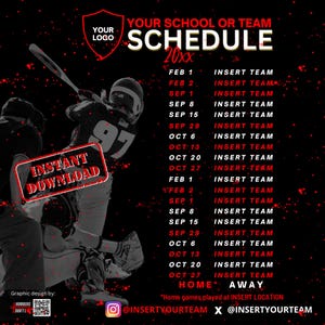 Sjabloon softbalschema Canva | Bewerkbaar teamschema | Sportafbeelding voor jongeren | Afdrukbare gamedagplanner | Socialmedia-ontwerp