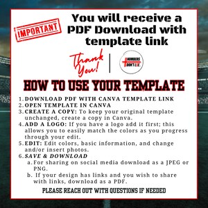 May include: A red and white graphic with the text "IMPORTANT" in a red stamp. The text "You will receive a PDF Download with template link" is in black text. The text "Thank You!" is in red and white text. The text "HOW TO USE YOUR TEMPLATE" is in black text. The text "1. DOWNLOAD PDF WITH CANVA TEMPLATE LINK 2. OPEN TEMPLATE IN CANVA 3. CREATE A COPY: To keep your original template unchanged, create a copy in Canva. 4. ADD A LOGO: If you have a logo add it first; this allows you to easily match the colors as you progress through your edit. 5. EDIT: Edit colors, basic information, and change and/or insert photos. 6. SAVE & DOWNLOAD a. For sharing on social media download as a JPEG or PNG. b. If your design has links and you wish to share with links, download as a PDF. PLEASE REACH OUT WITH QUESTIONS IF NEEDED" is in black text.