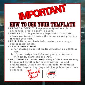 May include: A graphic with the word "IMPORTANT" in red, followed by instructions on how to use a template. The instructions include creating a copy, adding a logo, editing colors, saving, and grouping elements. The graphic also includes the text "Thank You!" and a logo.