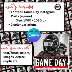 以下が含まれることがあります： フットボールの試合日のInstagram投稿用のデジタルテンプレートです。テンプレートには、ユニフォームを着たフットボール選手の画像と、大きな太字で「GAME DAY」というテキストが掲載されています。テンプレートは、テキスト、フォント、色、画像をカスタマイズできます。テンプレートは2色のバリエーションで提供されます。