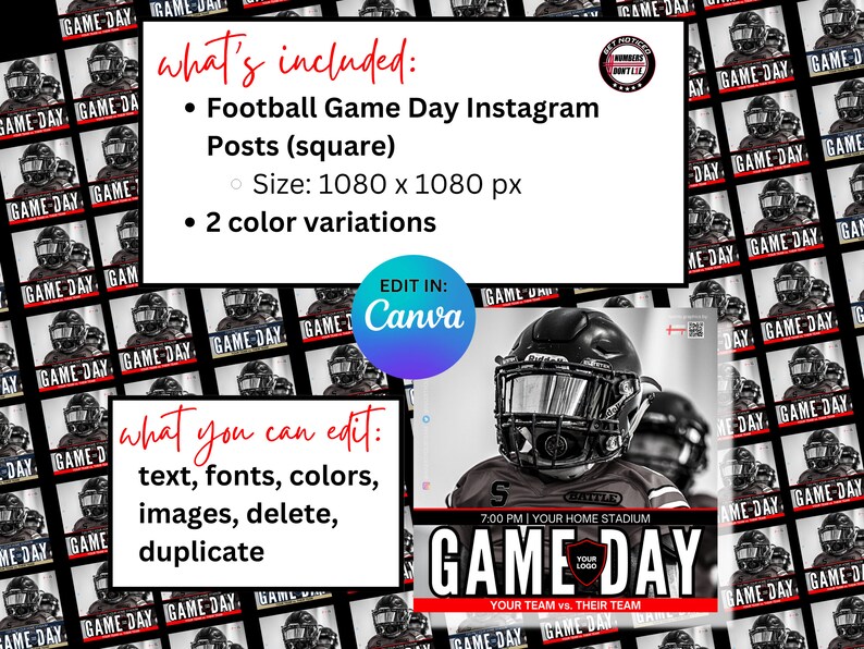 以下が含まれることがあります： フットボールの試合日のInstagram投稿用のデジタルテンプレートです。テンプレートには、ユニフォームを着たフットボール選手の画像と、大きな太字で「GAME DAY」というテキストが掲載されています。テンプレートは、テキスト、フォント、色、画像をカスタマイズできます。テンプレートは2色のバリエーションで提供されます。