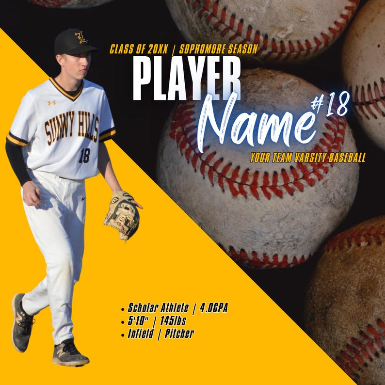 May include: A baseball player in a white and yellow uniform with the text "Sunny Hills" and the number 18. The image includes text that says "Player Name #18" and "Your Team Varsity Baseball". The player is 5'10" and 145lbs.