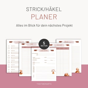 Könnte beinhalten: Ein Planer mit fünf Seiten für Strick- und Häkelprojekte. Die Seiten sind weiß mit braunen und rosa Akzenten und enthalten Abschnitte für Projektdetails, Garninformationen und Fortschrittsverfolgung. Der Text "STRICK/HÄKEL PLANER" steht oben.