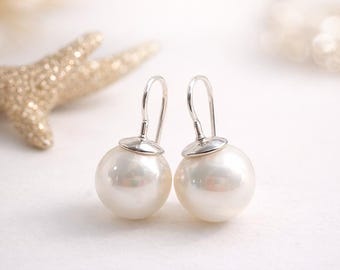 Perlenohrringe Muschelkernperlen – große weiße Perlen Ohrhänger – 925 Silber – elegante Perlenohrringe 10mm 12mm 14mm – Brautschmuck