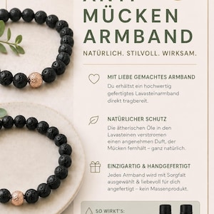 Könnte beinhalten: Schwarzes Lavastein-Armband mit goldfarbenem Akzent. Das Bild enthält deutschen Text: "ANTI MÜCKEN ARMBAND" und "NATÜRLICH. STILVOLL. WIRKSAM."