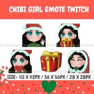 Christmas Chibi Girl Emote Twitch Discord | Kawaii | Gaming | Streaming | Black Hair | Blue Eyes |