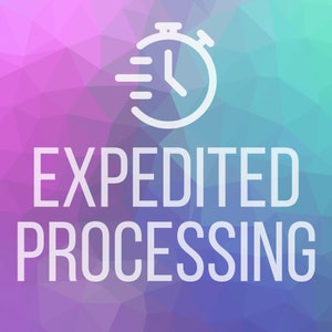 May include: A white stopwatch icon with a purple and blue gradient background. The text "EXPEDITED PROCESSING" is below the icon.