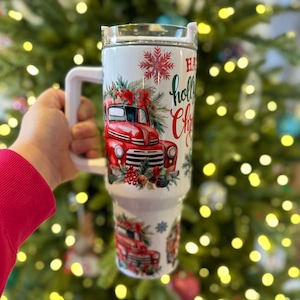 Christmas trucks 40 oz tumbler with handle, holly jolly stainless steel insulated holiday gift