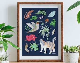 Cat Art, Calico Cat Painting, Cute Cat Poster, Cat Lover Gift, Cat Print, Cat Wall art, Cat Plant Print, Nature Art, Hibiscus Flower Art