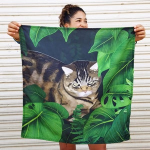 Tabby Cat Print Bandana, Cute Cat Scarf, Printed Cat Neckerchief, Cat and Plants Art, Cat Themed Gift, Jungle Art Bandana, Cat Lover Gift