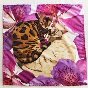 Bengal Cat Printed Bandana, Unique Cat Scarf, Cat Neckerchief, Cat Print, Pink Flower Art, Cat Lover Gift, Floral Bandana, Gifts for Her