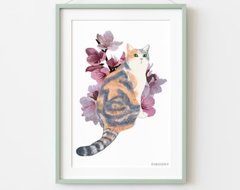 Calico cat with plum blossom digital art print - Cat printable wall art - Calico cat home decor - Printable cute cat illustration