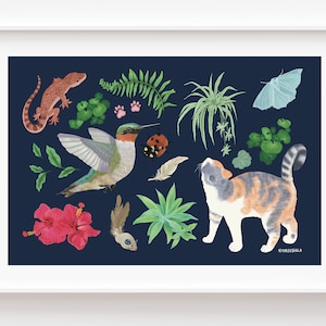 Calico Cat Painting, Cat Decor, Calico Cat Print, Cat Artwork, Cat Lover Gift, Calico Cat Plant Art, Cat Themed Gifts for Women, Cat Flower