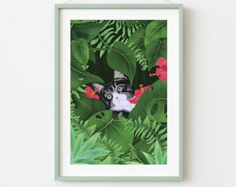 Cat in the Jungle Print, Garden Cat Print, Tuxedo Cat Artwork, Cat Decor, Cute Cat Illustration, Tuxedo Cat Painting, Jungle Wall Art
