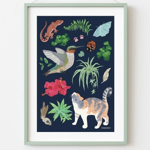 Calico Cat Poster, Cute Cat Painting, Cat Decor, Calico Cat Print, Cat Art, Cute Cat Illustration, Nature Lover Gift, Hummingbird Art