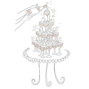 Champagne Tower Illustration PNG download - Ilustração da torre de champanhe em um estilo de ilustração bagunçado, perfeita para papel de carta de casamento