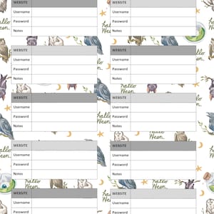 May include: A printable password keeper with a Halloween theme. The page features a white background with a repeating pattern of owls, bats, moons, and stars. The page is divided into ten sections, each with the heading "WEBSITE" and spaces for the website name, username, password, and notes.