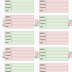 May include: A printable password keeper with a floral design. The page is divided into sections with headings for website, username, password, and notes.
