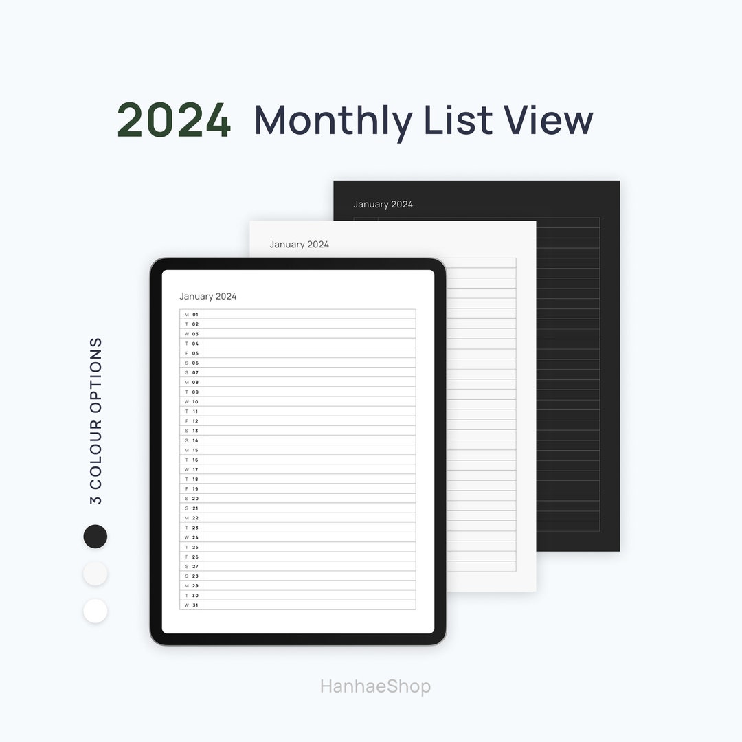 2024 Monthly Calendar List Planner Portrait View Digital Template ...