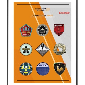 May include: A poster with a black frame and an orange background featuring the Counter-Strike 2 logo and the text "Competitive Maps". The poster shows nine different map icons, including Mirage, Dust II, Inferno, Overpass, Anubis, Ancient, Nuke, Vertigo, and Italy.