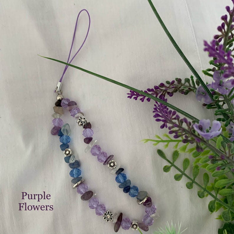 Collier de téléphone portable, bande de téléphone, pierres précieuses, pendentif de téléphone portable, charme de téléphone portable, cristaux de guérison collier de téléphone portable, perles Purple Flowers