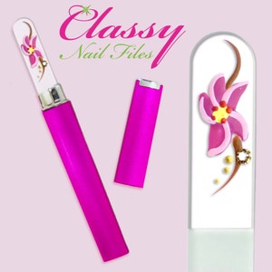 Pink Cotton Candy Flower Genuine Swarovski Crystal Clear Quality Crystal Nail File Czech Republic Hand Painted  USA w/ Magenta Acrylic Case