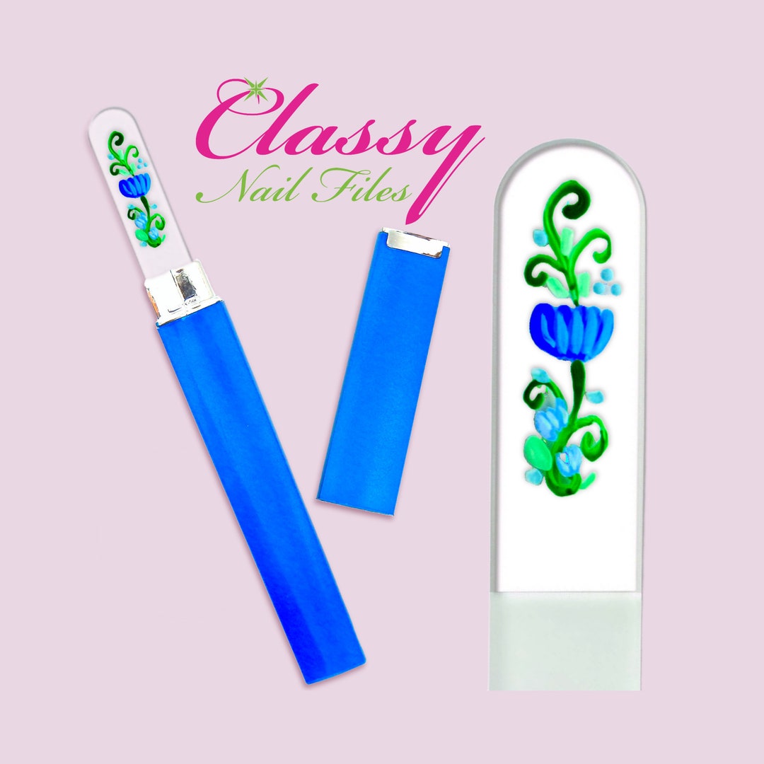 Blue Cornflower Swirls Flower Clear Quality Crystal Nail File Czech