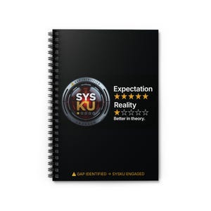 Puede incluir: Cuaderno negro con espiral con los textos "Expectation" y "Reality" con valoraciones por estrellas. La portada del cuaderno presenta un emblema metálico con el texto "SYS KU" y la frase "Gap Identified -> Sysku Engaged."