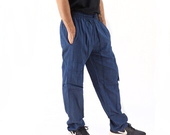 Unisex Handmade Casual Boho Cotton Solid Color Cargo Pants Size S-M-L-XL BlueXL