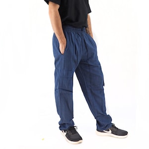 Unisex Handmade Casual Boho Cotton Solid Color Cargo Pants Size S-M-L-XL BlueXL