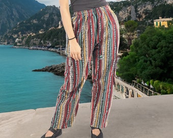 Handmade Casual Boho Hippie Cotton Multi Color Stripe Pants Size S-M-L-XL