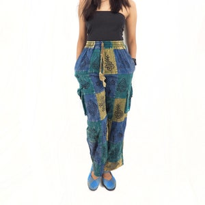 Unisex Handmade Casual Boho Cotton Patch Work Pants Size S to XL Blue Purple Tones