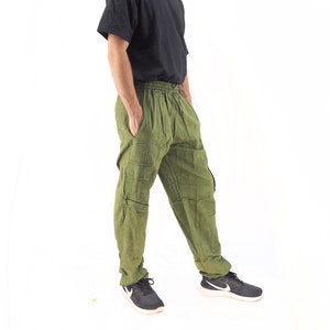 Unisex Handmade Casual Boho Cotton Solid Color Cargo Pants Size S-M-L-XL Green