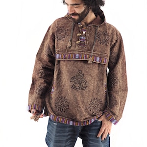 Handmade Boho Hippie Hoodie 100% Pre-Washed Stonewash Cotton Brown S to 2XL