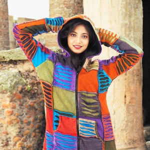 Long Handmade Patchwork Boho Hippie Hoodie 100% Pre-Washed Cotton S-M-L-XL