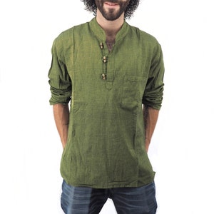 Men&#39;s Handmade Casual Boho Cotton Shirt Size S-M-L-XL Green