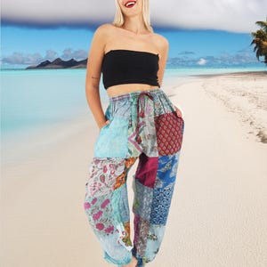 Handmade Floral Patchwork Bohemian Cotton Hippie Yoga Pants Blue Tones