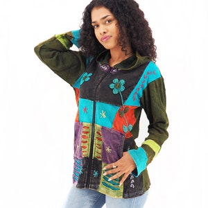 Handmade Patchwork Boho Hippie Hoodie 100% Pre-Washed Cotton Fleece Lined Blue S-M-L-XL